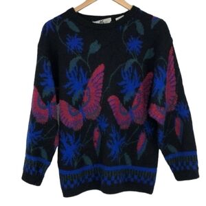 Vintage 1970's Hudson's Bay Butterfly Black blue pink Acrylic knit sweater 70s M